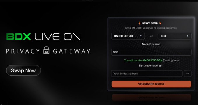 A promotional graphic for BDX, advertising "BDX LIVE ON PRIVACY GATEWAY" with an Instant Swap interface to convert USDT(TRC20) to BDX.