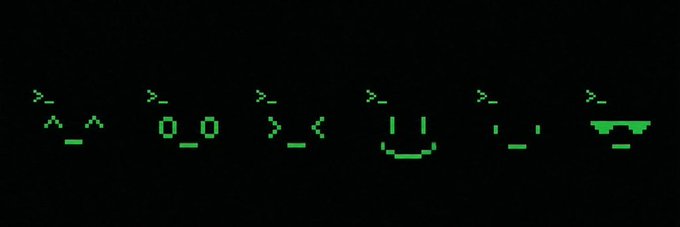 A row of green ASCII art emoticons displaying various facial expressions against a black background.