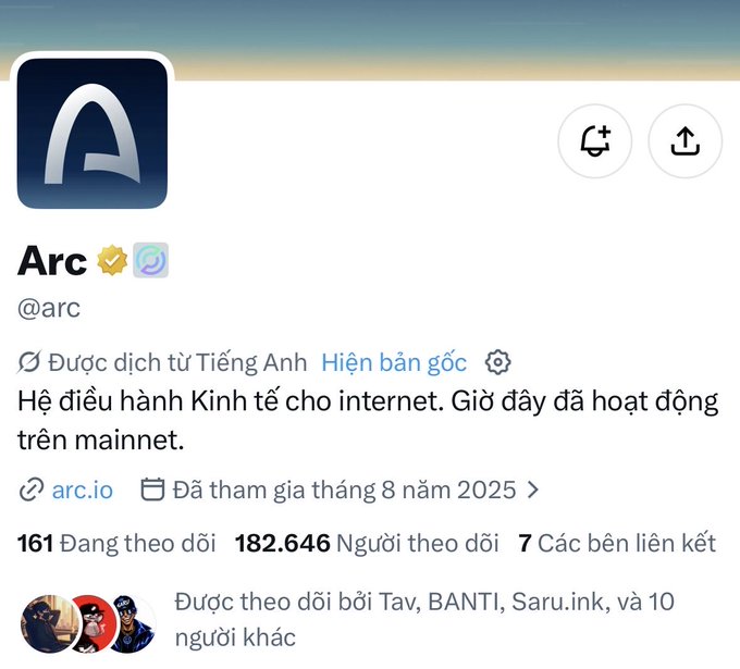 An X/Twitter profile for 'Arc' (@arc), described in Vietnamese as 'Hệ điều hành Kinh tế cho internet' (Economic Operating System for the internet), with 182,646 followers.