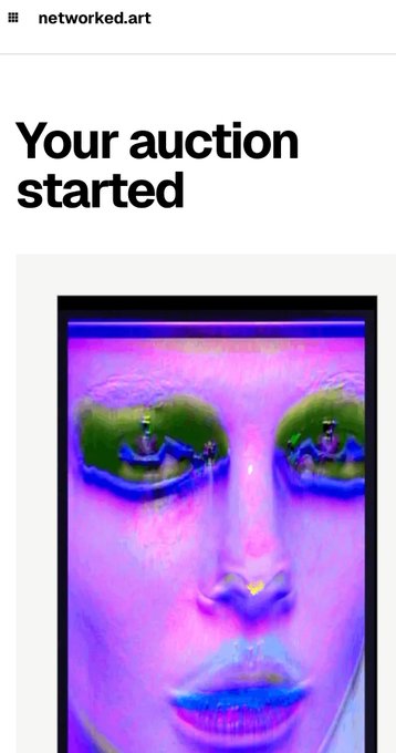 The image shows a webpage from networked.art announcing "Your auction started," featuring a striking AI-generated portrait with pink and purple skin tones and reflective green eyes. The post indicates this is a "GM" auction that has begun on the SABL platform, thanking @degens for the opportunity.