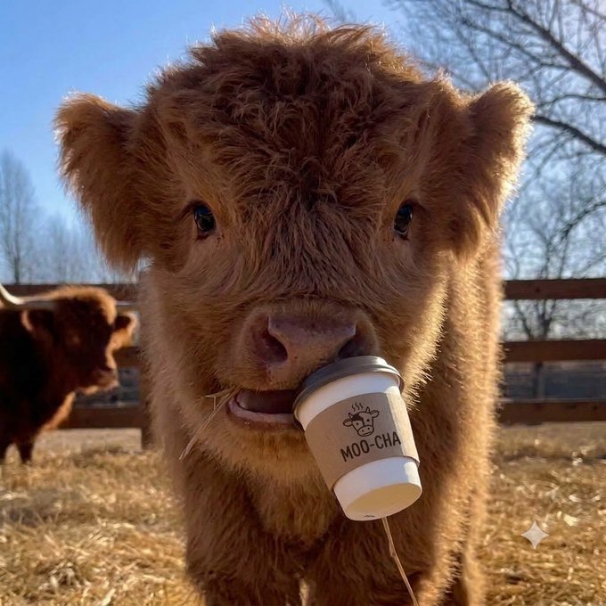 A fluffy brown Highland cow or calf chewing on a paper cup labeled 'MOO-CHA' in a barnyard setting with another cow in the background.