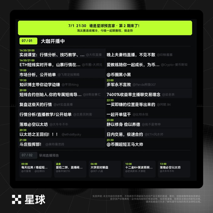 A Chinese-language livestream schedule from 星球 (Star/Planet) titled '7/1 21:30 谁是星球预言家 · 第2期 来了!' listing various crypto trading sessions and hosts.