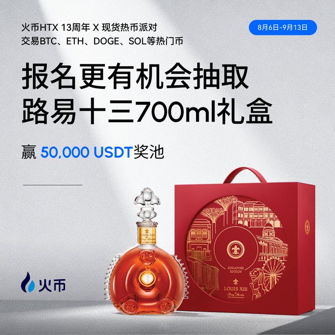 A Chinese promotional advertisement for HTX exchange's 13th anniversary, offering a chance to win a Louis XIII 700ml gift box and a share of a 50,000 USDT prize pool for trading BTC, ETH, DOGE, SOL, and other coins (8月6日-9月13日).