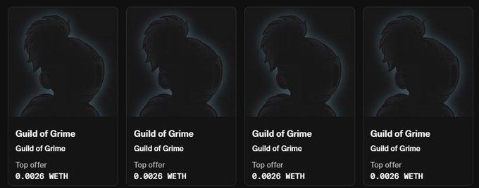 Four identical dark NFT listing cards titled 'Guild of Grime' with 'Top offer' priced at 0.0026 WETH each, featuring a silhouette of a character with bunny ears against a dark blue background.