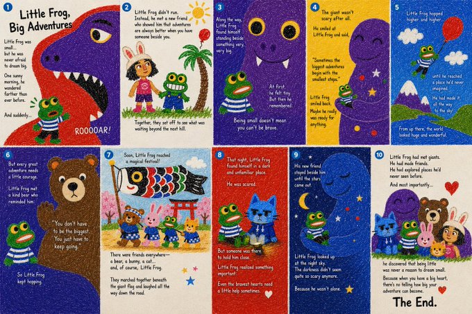 A colorful 10-panel children's story illustration titled 'Little Frog, Big Adventures,' following a frog in a striped shirt through encounters with various animals and friends.