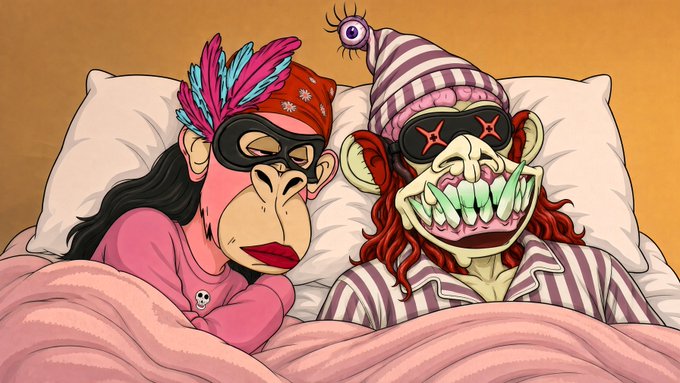 A cartoon illustration of two bedridden figures wearing sleep masks, one a pink monkey with feathers and the other a green-faced creature with sharp teeth and a striped nightcap.