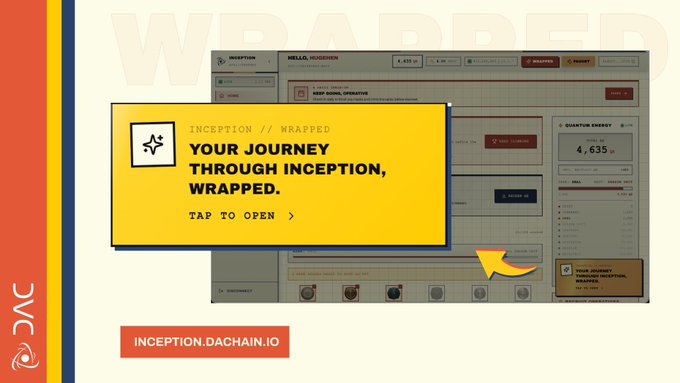 The image shows a promotional screen for "Inception Wrapped," featuring a yellow modal prompting users to "TAP TO OPEN" their "Journey Through Inception, Wrapped," with a dashboard in the background displaying a portfolio value of 4,635 and the URL "inception.dachain.io" at the bottom, inviting users to visit the site and explore their personal Inception Wrapped summary.