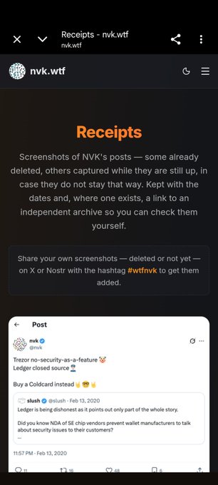 The image shows a webpage titled "Receipts — nvk.wtf," which serves as an archive of screenshots of NVK's posts, including a visible example of a tweet from Feb. 13, 2020 about Ledger closing a security issue source, with a call to action asking viewers to share additional deleted or captured posts.