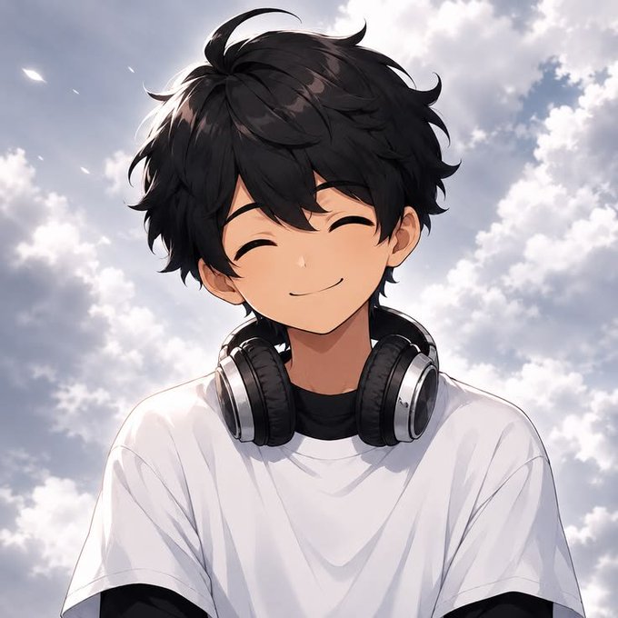 An anime-style illustration of a young man with messy black hair, smiling with closed eyes, wearing a white t-shirt with large black headphones around his neck against a cloudy sky background.
