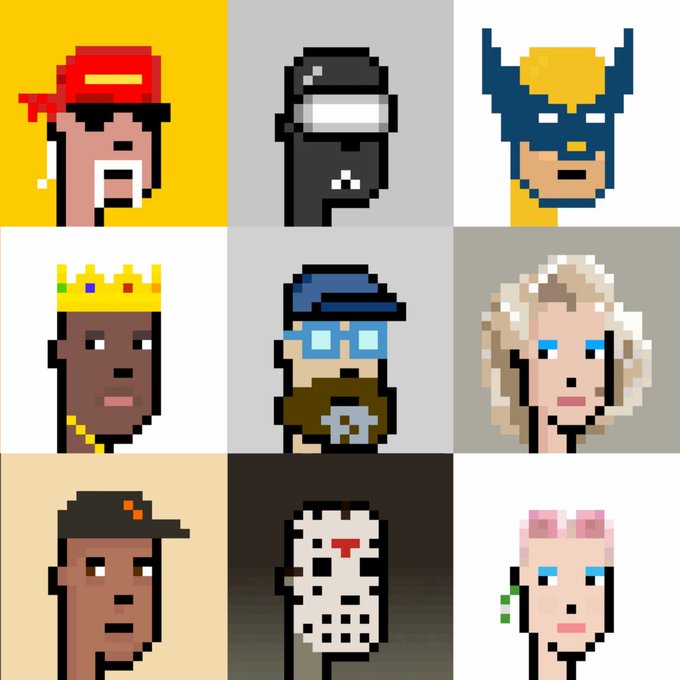 A 3x3 grid of pixel art CryptoPunk-style NFT avatars featuring various characters including one with a red bandana, a VR headset wearer, and a character with a hockey mask.