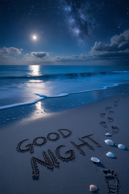 The image features a beach scene with footprints leading towards the ocean under a full moon. The words "Goodnight" are written in black ink on the sand, creating an artistic message for those who visit the beach at night. The photo also includes a watermark that reads "@FIH_USD1".