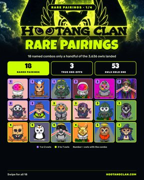 An NFT collection promotional graphic for 'HOOTANG CLAN RARE PAIRINGS' showing statistics (18 Ranked Pairings, 3 Trait One-Offs, 53 Owls Held One) with a grid of 18 owl character avatars at the bottom.