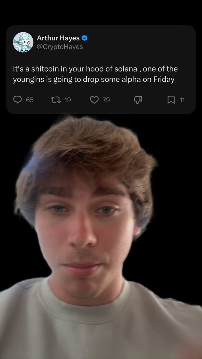 The image features a young man with brown hair wearing a white shirt, who appears to be looking directly at the camera. The caption of the image reads "Arthur Hayes is OFFICIALLY going to bring back PRIME SOLANA MEMECOINS this might be the biggest liquidity event since Trump dropped a memecoin". This post seems to be related to cryptocurrency and the recent announcement by Arthur Hayes about bringing back PRIME SOLANA MEMECOIN.