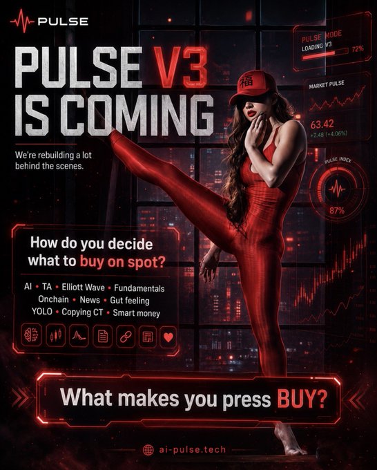 A promotional poster titled 'PULSE V3 IS COMING' features an AI-generated woman in a red outfit and red cap performing a high kick, alongside text like 'How do you decide what to buy on spot?'