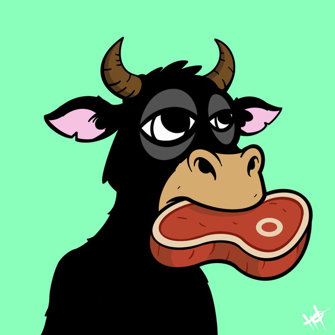 A cartoon illustration of a black cow/bull character with pink ears holding a raw steak in its mouth against a green background.