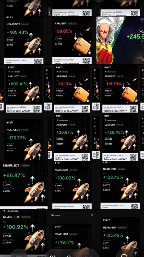 Multiple social media posts advertise Bybit trading referral codes, showing percentage gains and losses for NEARUSDT, ARBUSDT, LSKUSDT, and XCA tokens, alongside a One Punch Man character image.