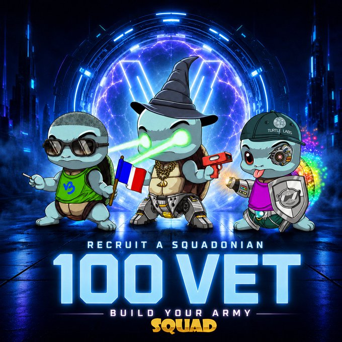 Promotional artwork for "SQUAD" featuring three turtle characters with laser eyes, guns, and a French flag, with the text "RECRUIT A SQUADONIAN 100 VET BUILD YOUR ARMY."