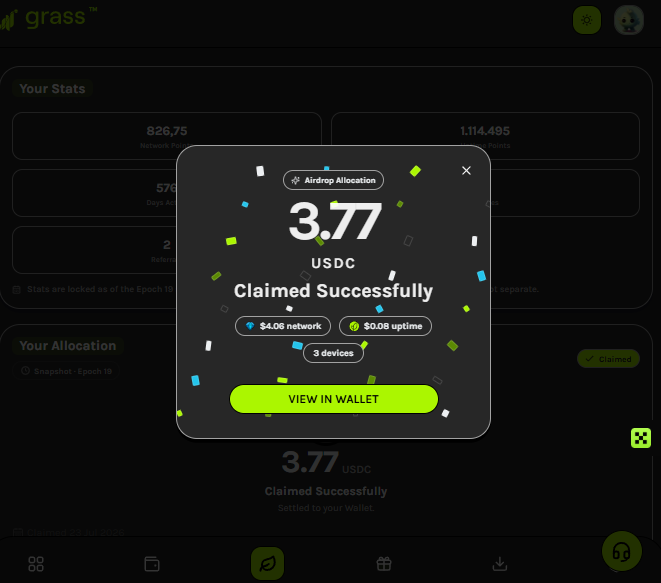 A screenshot of the Grass app interface showing a successful Airdrop Allocation claim of 3.77 USDC, noting $4.06 network and $0.08 uptime from 3 devices, with a 'View in Wallet' button and confetti graphics.