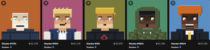 The image shows a row of five pixelated NFT-style character avatars with different skin tones, hairstyles, and outfits, each labeled as "Stacker #1783," "Stacker #631," "Stacker #59," "Stacker #804," and "Stacker #1544" with their respective stack counts (1,470; 2,170; 2,075; 1,503; 2,326). The post praises the "Stackers" project as a clean, derivative spinoff of Stonk Brokers featuring unique elements like fusing, tiers, and leverage trading.