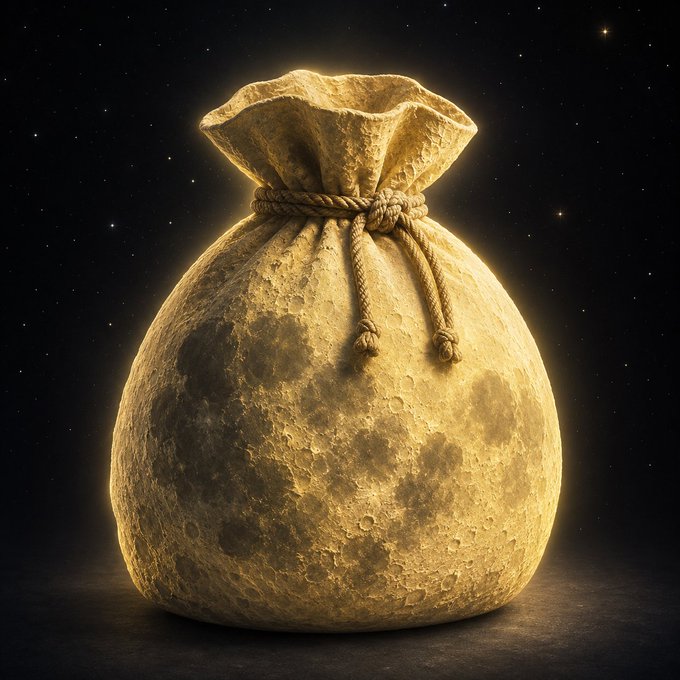 A golden pouch designed to resemble the surface of the moon, tied at the top with a rope, set against a starry night sky—visually embodying the "$MOON Bag" crypto concept as a literal container for lunar-themed tokens.