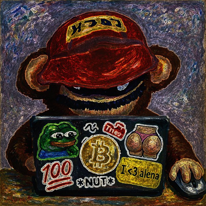 A painted illustration of a brown monkey or gorilla wearing a red cap, working on a sticker-covered laptop featuring a Bitcoin logo, Pepe the Frog, "NUT," "100," and "I<3 alena" stickers, while using a mouse.