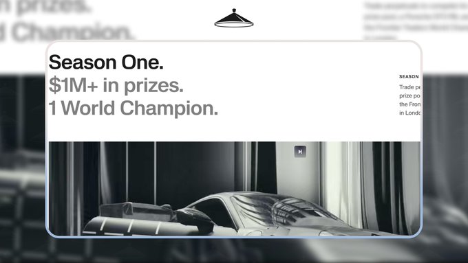 A sleek Porsche sits prominently in the background of a promotional graphic announcing "Season One. $1M+ in prizes. 1 World Champion," tying directly to Solana's trading competition with Frontier, where the luxury car serves as the headline reward for top-ranked traders using the Phoenix platform.