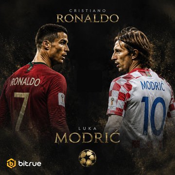 A promotional image featuring Cristiano Ronaldo (jersey #7) and Luka Modrić (jersey #10) facing off, with "CRISTIANO RONALDO" and "LUKA MODRIĆ" displayed in gold text alongside a Champions League-style ball and the Bitrue logo, supporting a post inviting users to predict which legend will lead their nation to the Round of 16 and compete for a share of 100,000 USDT.