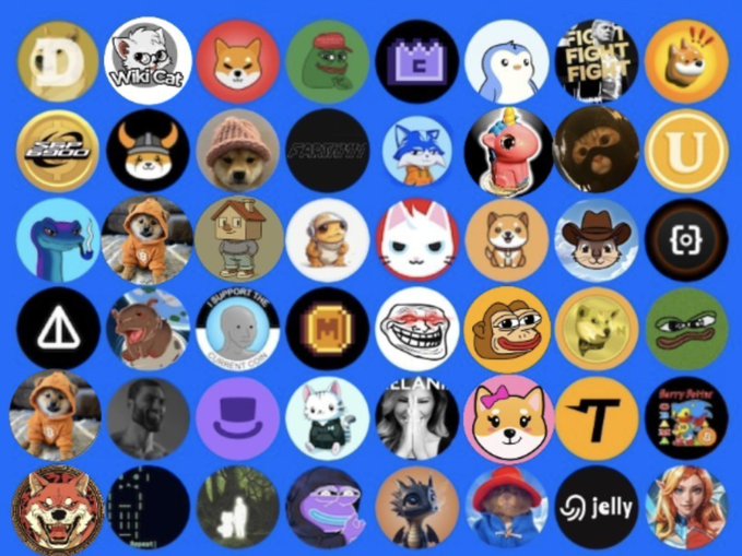 A grid of various memecoin icons displayed on a blue background, featuring recognizable characters and logos including Wildcat, Fight Fig, Turbo, Pepe, Jelly, and several doge-inspired Shiba Inu designs, presented as options for a crypto portfolio before March ends.