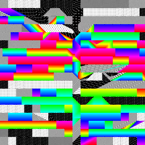 An abstract digital art piece featuring colorful rainbow gradient blocks overlaid with black and white halftone patterns.