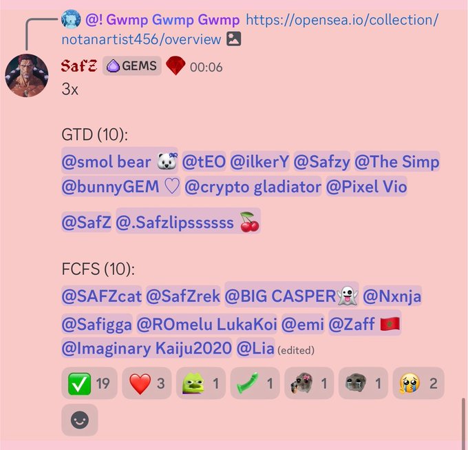 A Telegram chat screenshot mentioning an OpenSea link ('https://opensea.io/collection/notanartist456/overview') and listing GTD and FCFS winners for a 'Safz 💧 GEMS' drop.