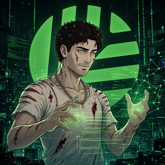 A battle‑worn, yellow‑eyed figure summons green holographic data amid a cyber‑cityscape dominated by a large green CN‑style logo. The scene visualizes @CNPYNetwork’s promise to let anyone launch their own virtual chain quickly with AI assistance.