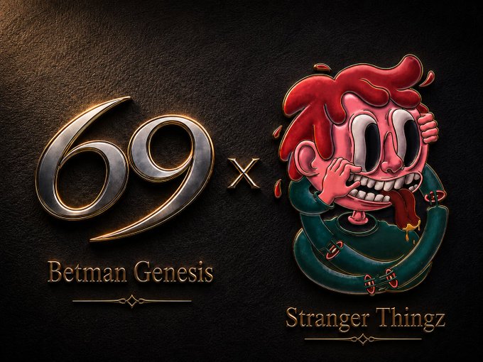 A stylized promotional graphic featuring metallic "69x" and "Betman Genesis" text alongside a cartoon character with red hair, large eyes, and a green snake, labeled "Stranger Thingz" on a dark background. The image serves as teaser artwork for the Stranger Thingz NFT collection's collaboration announcement.