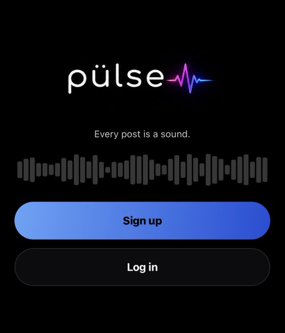 A mobile app login screen for 'pülse' with the tagline 'Every post is a sound,' an audio waveform visualization, and Sign up/Log in buttons.