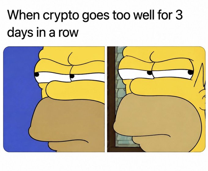 A meme featuring Homer Simpson with a skeptical expression and the caption "When crypto goes too well for 3 days in a row".