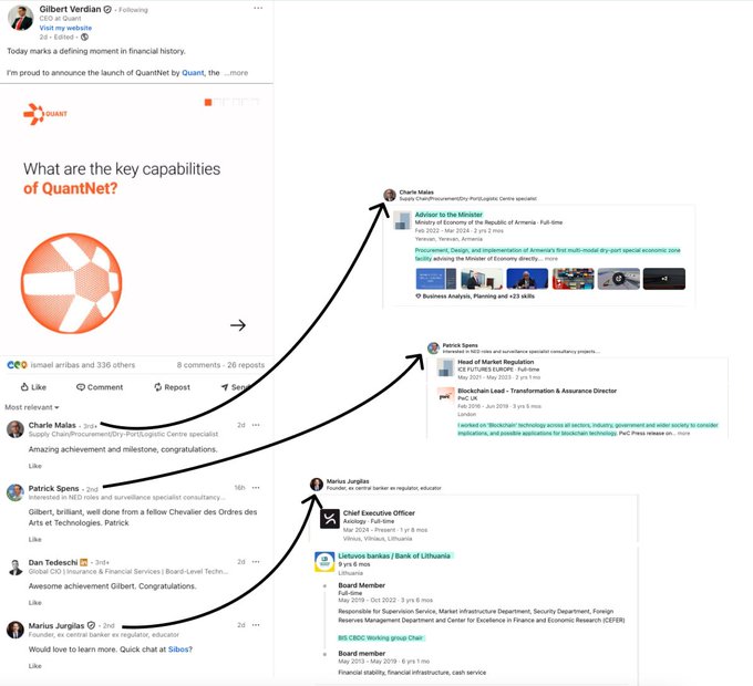 A LinkedIn post by Gilbert Veridian announces the launch of QuantNet by Quant, with arrows pointing to several LinkedIn profiles including Charles Malas, Patrick Spens, Dan Tedeschi, and Marius Jurgilas.
