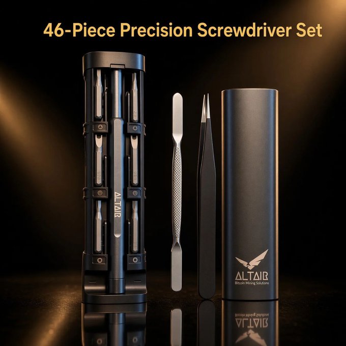 A 46-piece precision screwdriver set by Altair Bitcoin Mining Solutions is displayed, featuring a black storage case with the brand's logo, multiple precision bits, an alloy driver handle, and accompanying tools. The image visually showcases the complete kit mentioned in the post, which is ideal for Bitcoin miner maintenance and repair work.