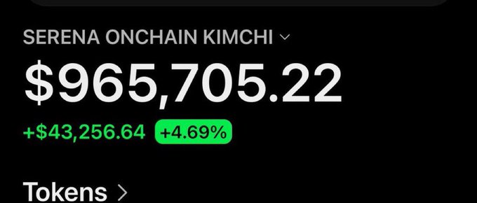 A crypto portfolio screenshot for “SERENA ONCHAIN KIMCHI” shows $965,705.22, up $43,256.64 (+4.69%). It serves as a profit display in the post promoting a “$SOL” giveaway and asking users to like and drop their wallets.