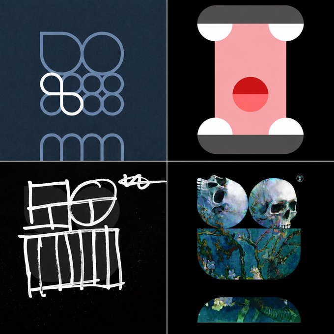 A 2x2 grid of four square digital artworks featuring abstract graphic designs, including geometric shapes, a pink rectangle with a red circle, white line sketches, and skull imagery composed with floral patterns reminiscent of Van Gogh's Almond Blossom.