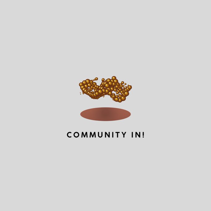 A 3D rendering of a brown molecular or bubble-like cluster floating above a reddish disc, with the text 'COMMUNITY IN!' displayed below on a light grey background.
