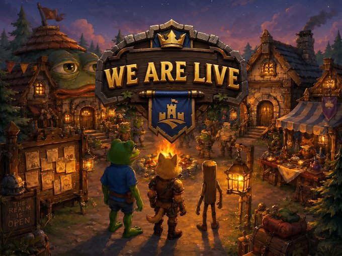 The image features a video game logo for a title called "We Are Live" with three cartoon characters standing near each other. The background includes an illustration of people, buildings, and lanterns, creating an atmosphere of a medieval village or forest during a festival night. There is also text that says "World of solcraft.fun ca: 3K9FE5FtdRwUg8tqd1hQvV5n69Vd59PNMT6SQCuYpump". The focus should be on the characters and their surroundings, as they seem to be engaged in a video game or related activity taking place within this setting.