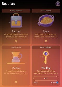 A screenshot of a game interface showing 'Boosters' with items including a Satchel (Storage 640000), Sieve (Coins per Tap 11), Coffee (Energy 460800), and The Key (UNLIMITED clients for 30 days, Price 15,000).
