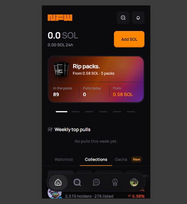 A mobile app screenshot of NFW displays a wallet balance of 0.0 SOL with an "Add SOL" button, alongside a "Rip packs" feature priced from 0.58 SOL (3 packs), showing 89 packs in the pool and 0 pulls today, with tabs for Watchlist, Collections, Gacha, and New. The image showcases the interface of the new NFW platform seeking testers for feedback.