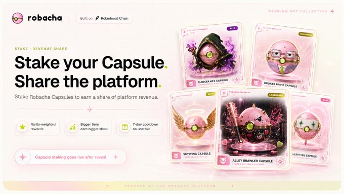 A Robacha promotional banner advertises capsule staking on the Robinhood Chain, highlighting 'Rarity-weighted rewards,' 'Bigger tiers earn bigger share,' and '7-day cooldown on unstake,' alongside various NFT capsule designs including Mangifer-Hex, Broken Prime, Skywing, Alley Brawler, and Heartstus capsules.