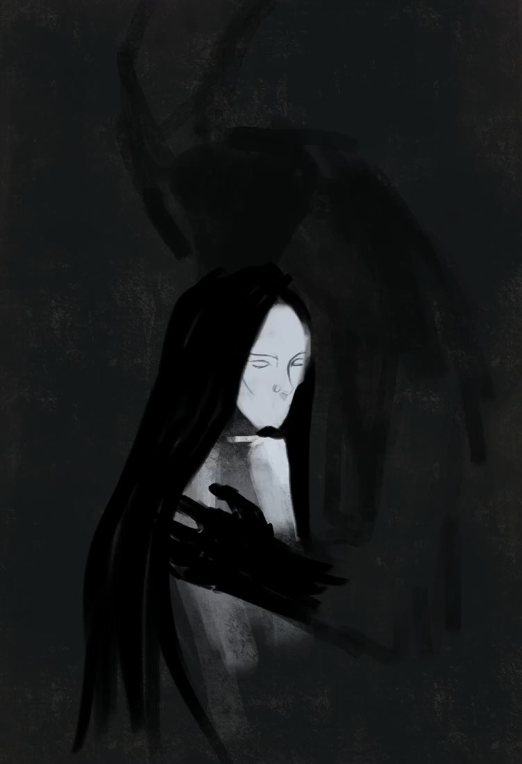 A ghostly pale figure with long black hair is embraced by shadowy, looming forms against a dark background, evoking an eerie, haunting atmosphere that complements the somber "Gmorniiing" post featuring a listing for "666 xtz Art&Wip."