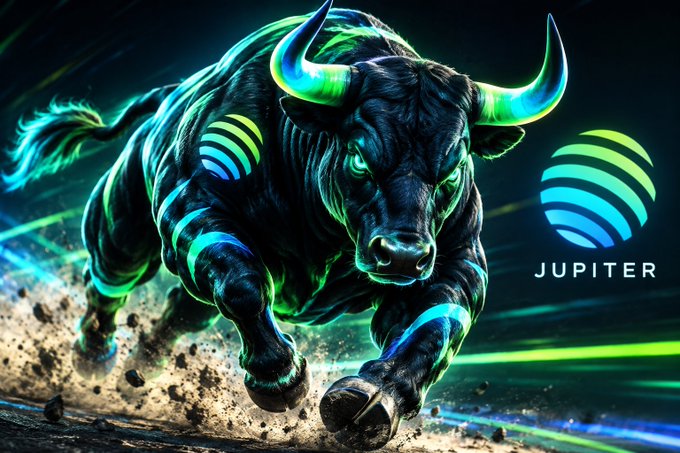 A neon-styled digital artwork features a charging black bull with glowing green and blue accents, alongside the Jupiter (JUP) cryptocurrency logo.