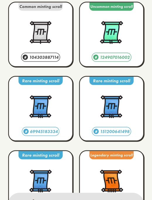 The image shows a collection of six different minting scrolls, each with unique designs and colors. These scrolls are displayed against a white background, making them stand out prominently. The text "Common minting scroll" suggests that these scrolls may be part of a larger collection or series, possibly related to the world of cryptocurrency or digital assets.