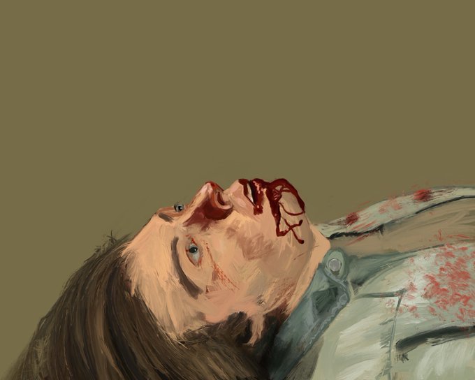 A painting-style image depicts a man lying on his back with a bloodied face against an olive green background, with red stains on his white shirt.