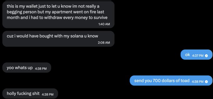 A text message conversation where a scammer asks for money after claiming their apartment burned down, but the recipient offers $700 in Toad cryptocurrency instead, shocking the scammer.