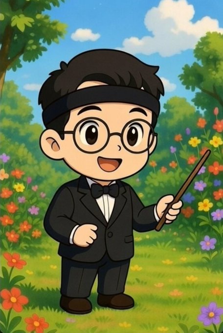 A chibi-style cartoon character in a tuxedo with glasses and a headband, holding a pointer stick while standing in a vibrant garden with flowers and trees.