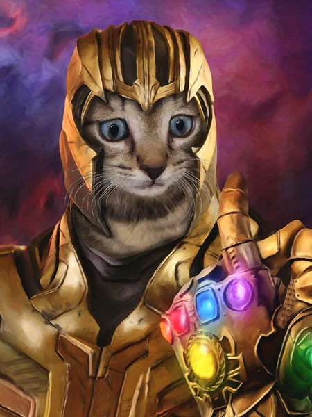 A regal cat dons a golden Thanos-like armor and wields the glowing Infinity Gauntlet, channeling the menacing "inevitable" energy of the Marvel villain in a meme referencing the crypto token $CATE and its threat against sellers who drove its price down to a 10M market cap.